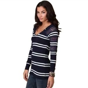 We the free striped lace mismatched button blouse blue Size Small